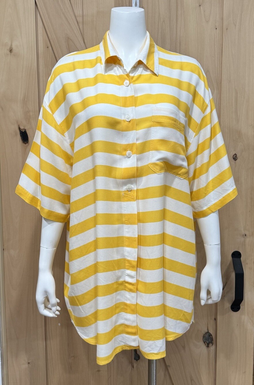 Krazy Kat Women’s Button Down Shirt Yellow White Stripe Short Sleeve 22/24