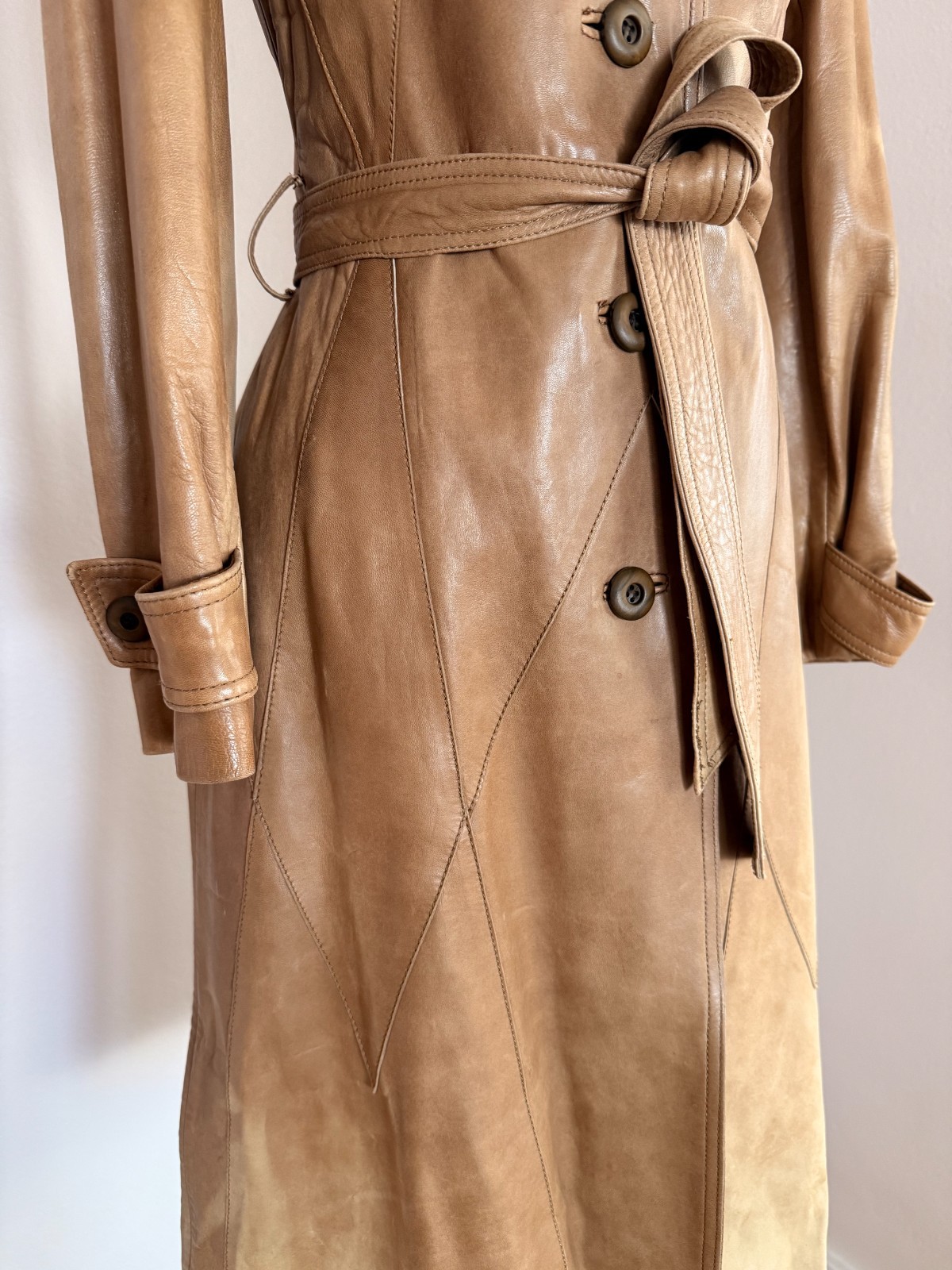 Vintage 100% Leather Trench Coat XS XXS Tan Belted Jacket Handmade in Mexico