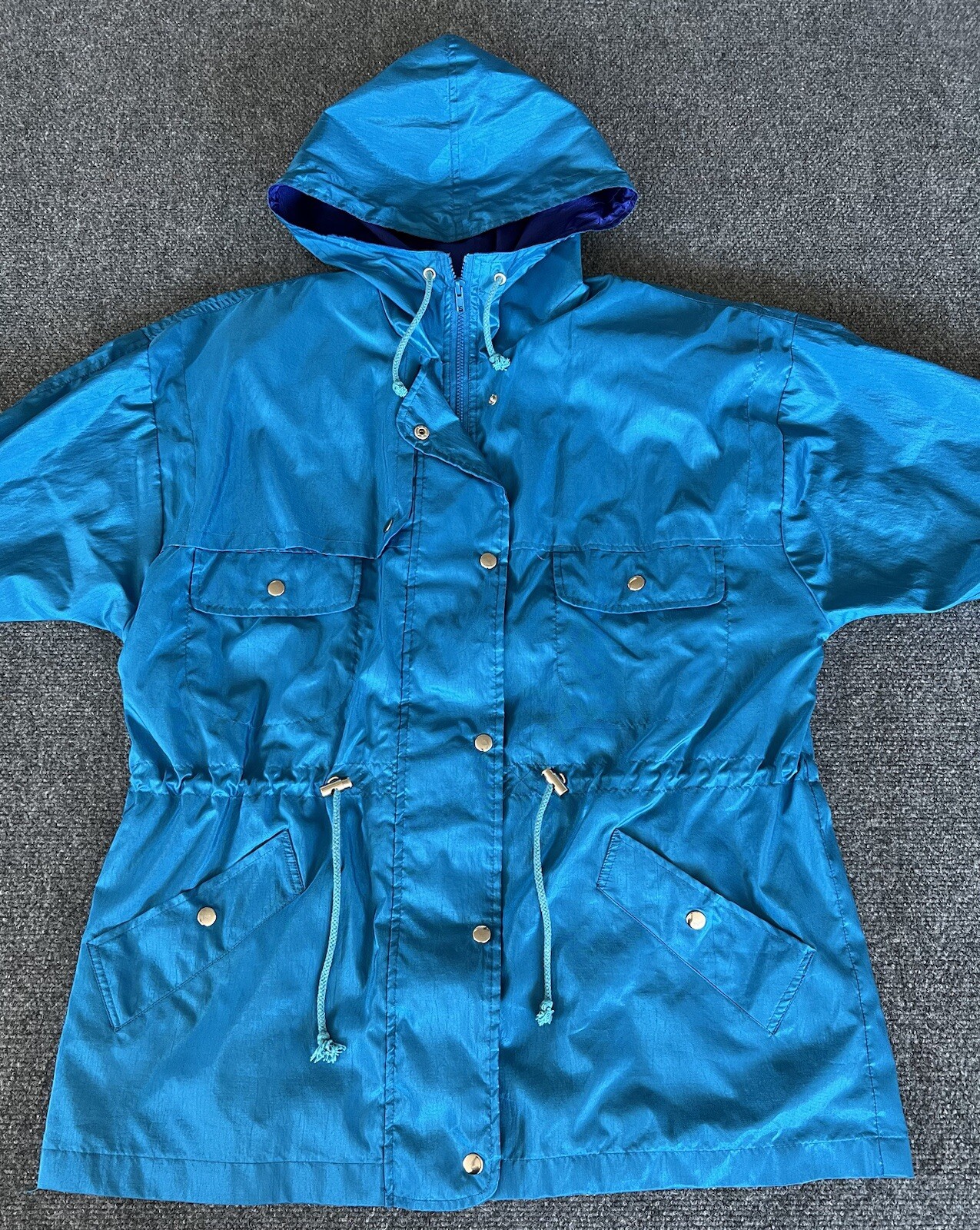 Maggie Sport Womens L VTG 90s Windbreaker Raincoat Blue Purple Zip Hooded