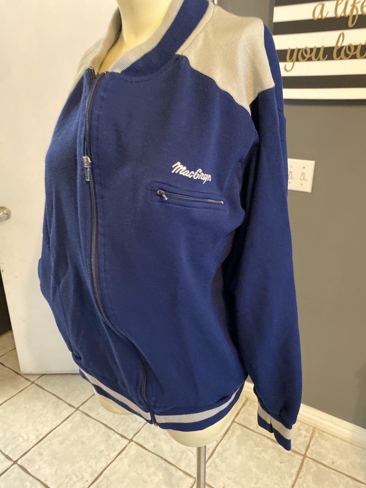 MacGregor Vtg Track Jacket Sz L Full Zip Navy Blue Gray Striped Sweater