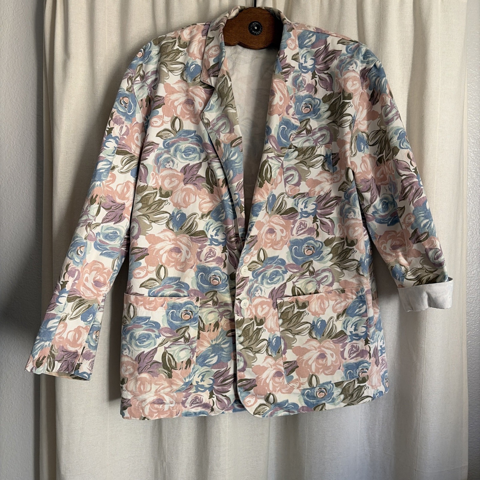 Vtg 90sPastel Watercolor Flower Denim Blazer Large Oversized Jacket Cherokee