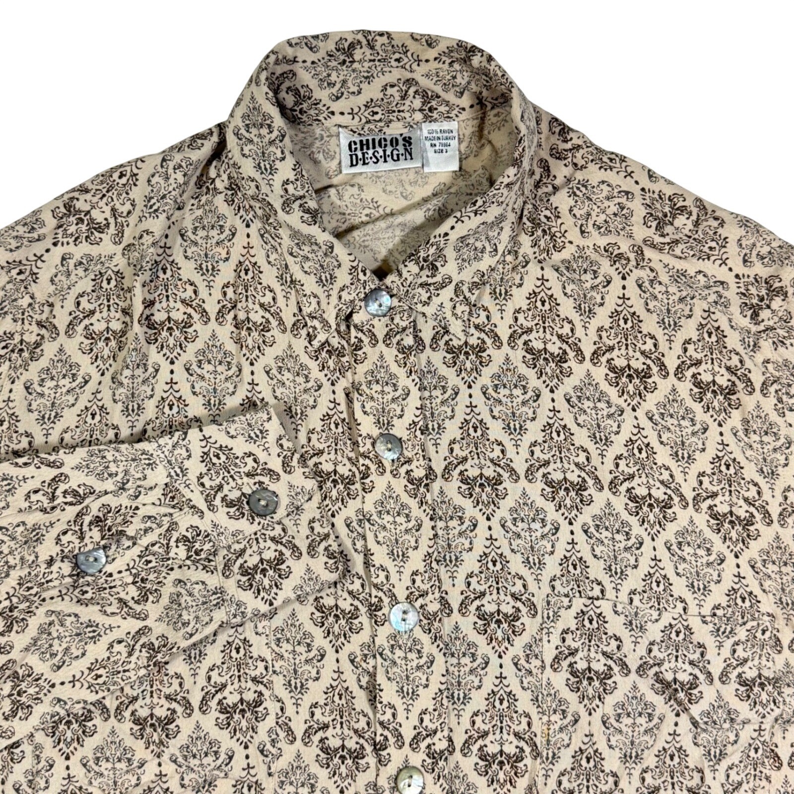 VTG Chicos Design Button Down Womens 3 Tan Damask Boho Dark Academia Artsy Shirt