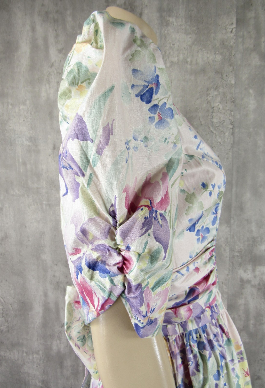 Vintage 80s Expo Floral Puffy Sleeves Big Bow Floral Cotton Midi Tea Dress S/M