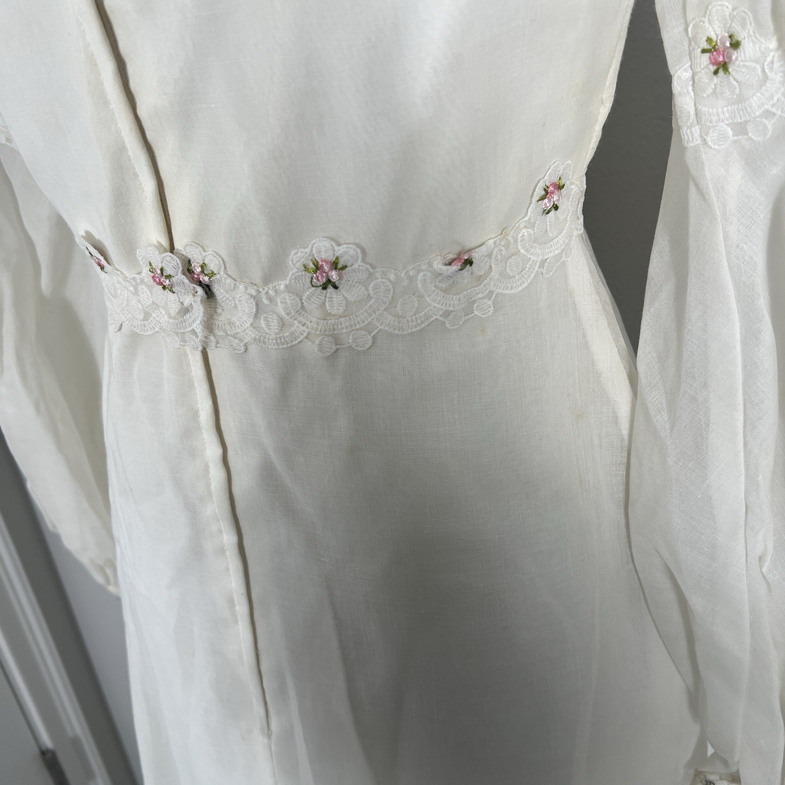 Vintage 1970’s Wedding Dress White Pink Rose Details Prairie Cottage Modest