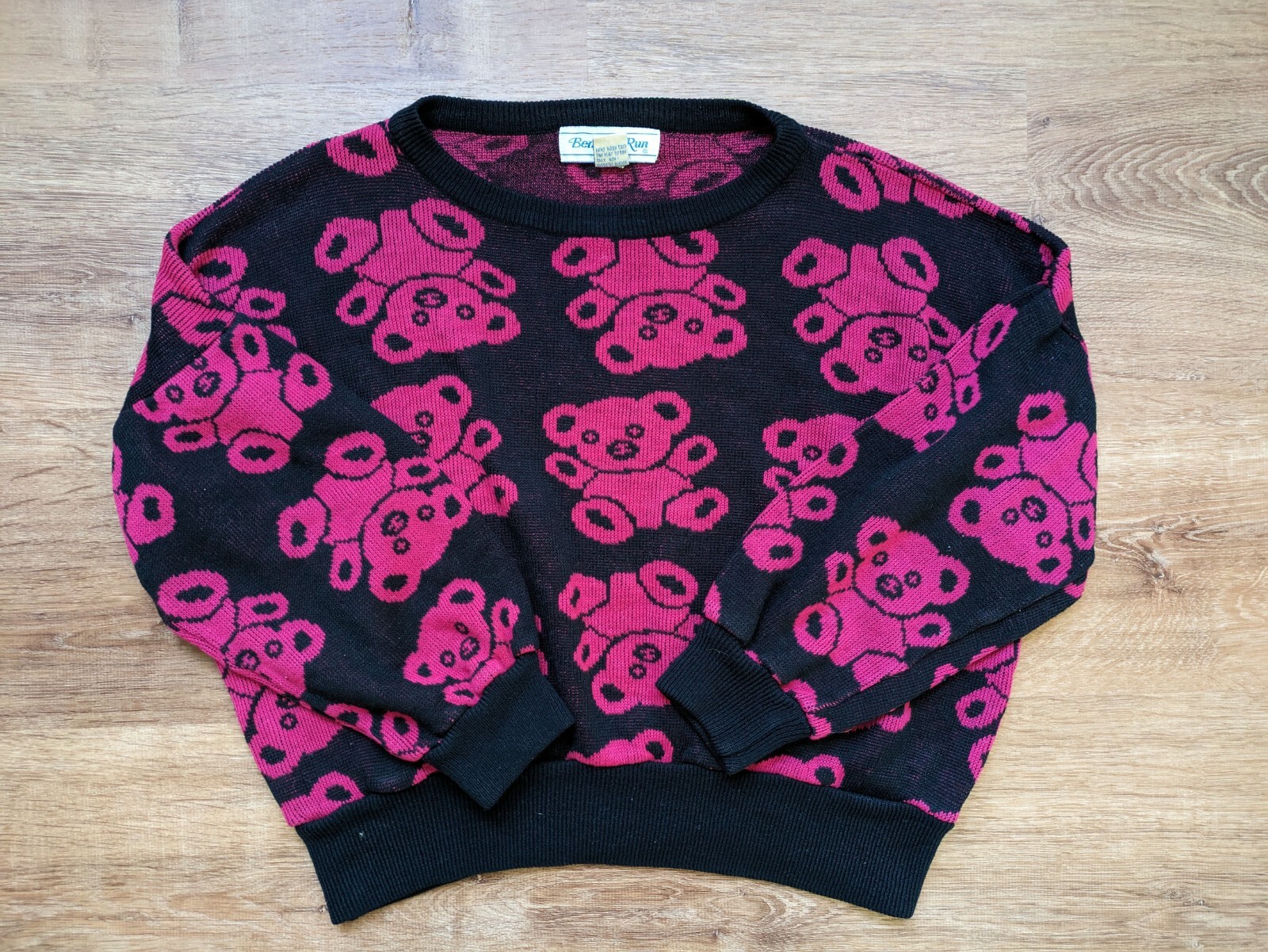 Vintage 80s 90s Black Neon Pink Teddy Bear Acrylic Sweater Women’s Small Medium