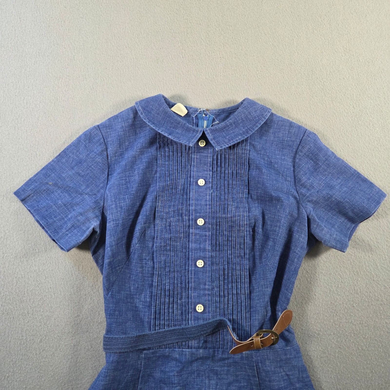 Vintage Mini Dress Womens Small Blue Chambray Pleated Belted Short Sleeve 80s