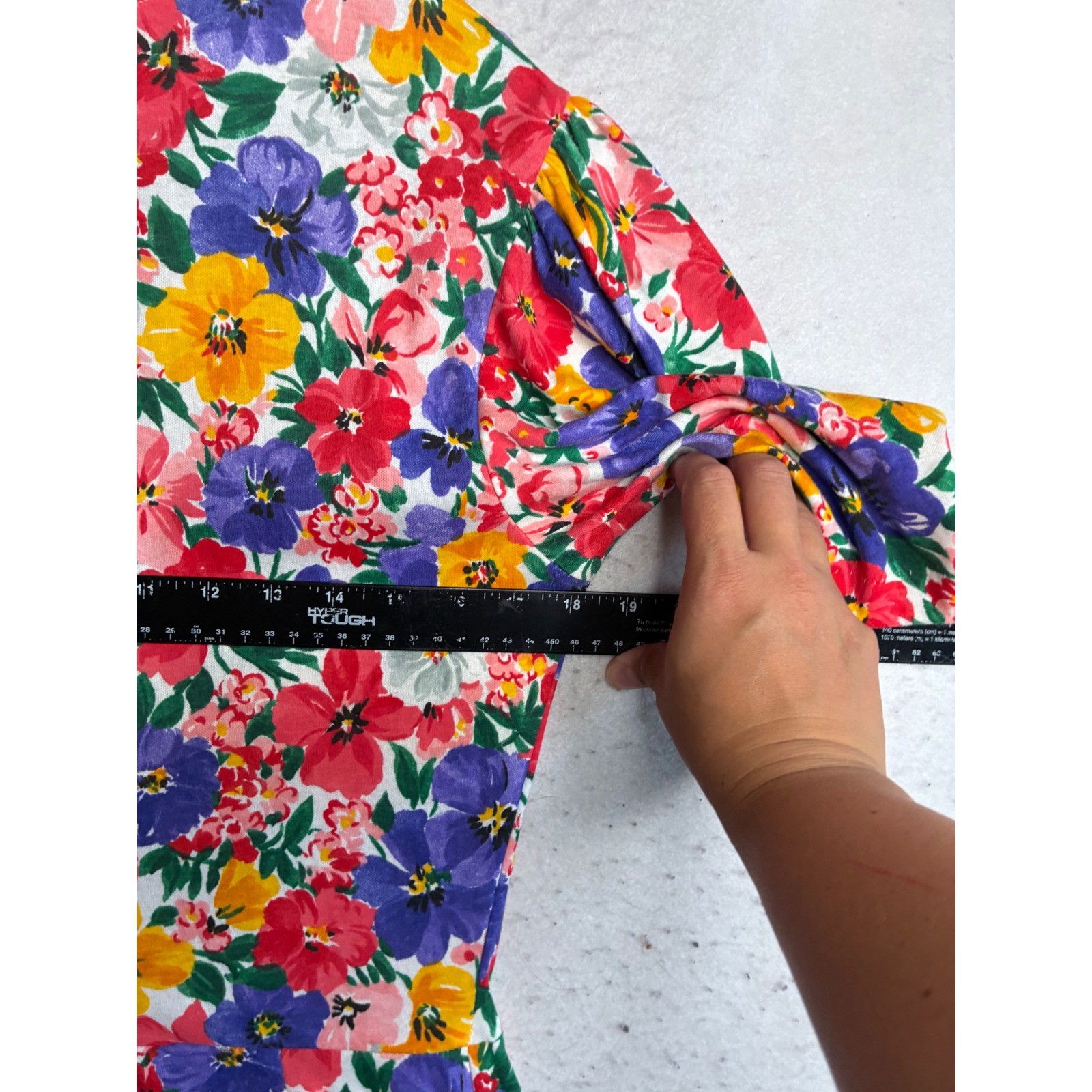 Vintage Expo Floral Ruching Midi Dress Multi Color Pansy Puff Sleeve USA Made 12