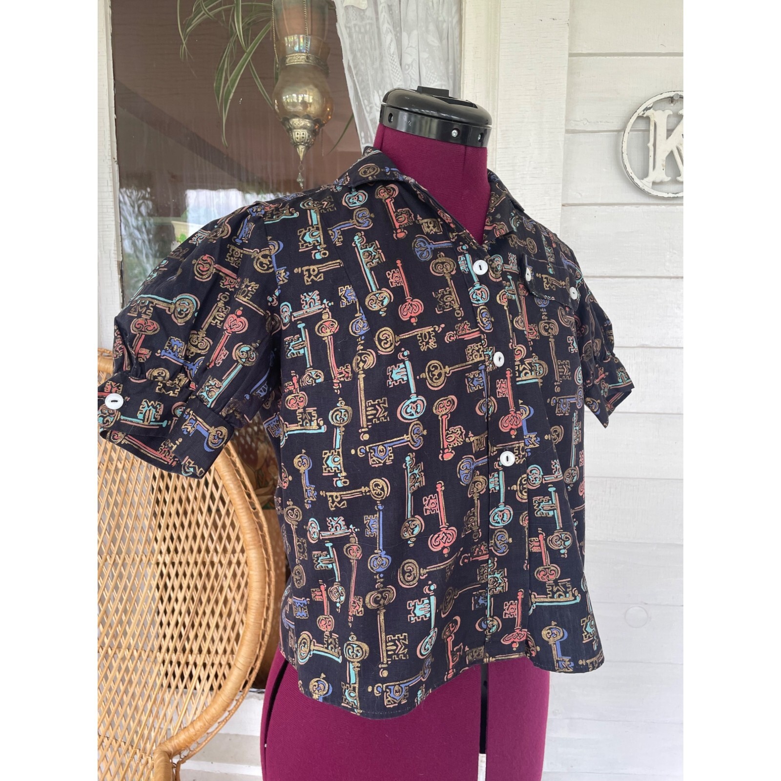 Vintage 1960s Skeleton Key Print Blouse With Puff Sleeves Black Grosgrain Size S