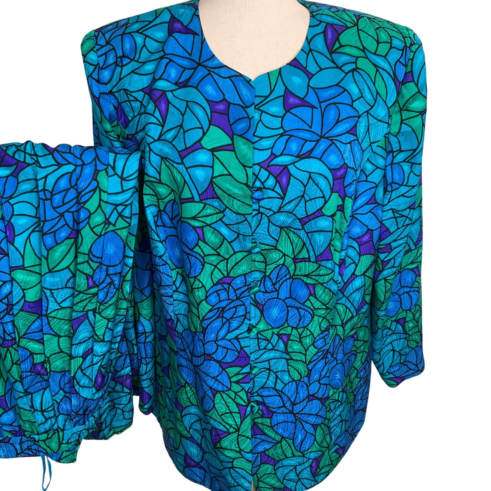 Adrianna Papell Skirt Set Womens 14 Floral Blue Stained Glass Vibrant Silk VTG