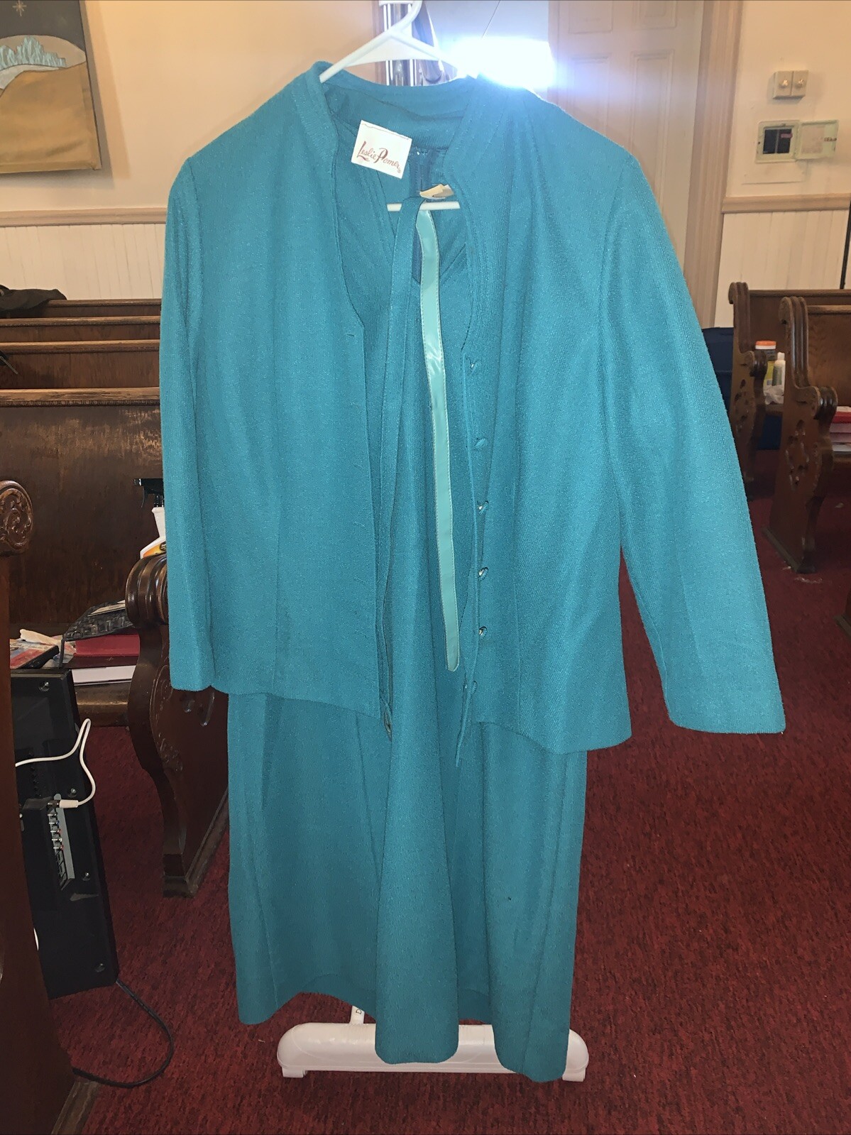 VTG 70s 80s Secretary Green Dress Suit Set W/ Jacket & Belt M/L Leslie Pomer