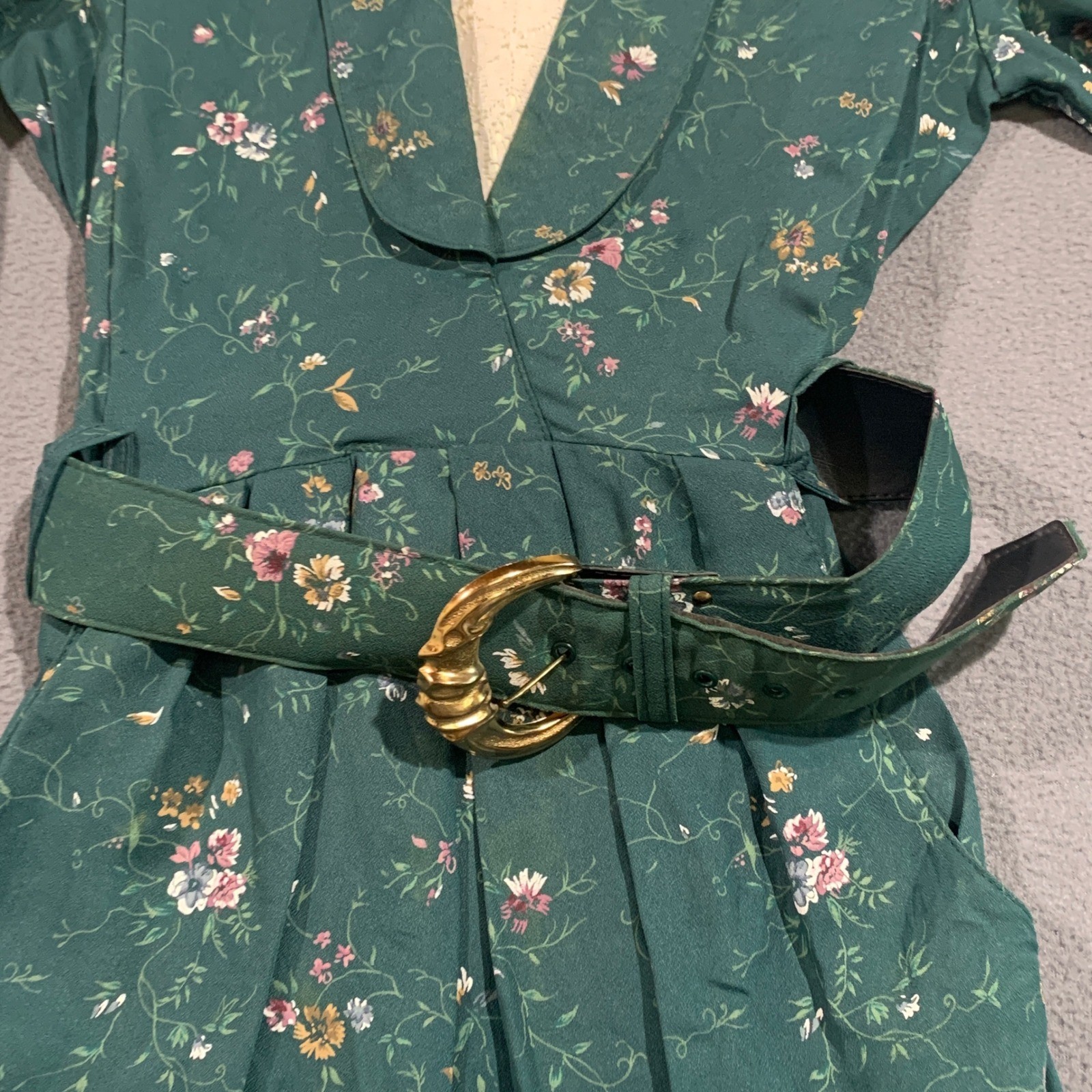 S.L. Petites Vintage 80s Floral Midi Dress Dark Green Lace Inset Belted Size 8P
