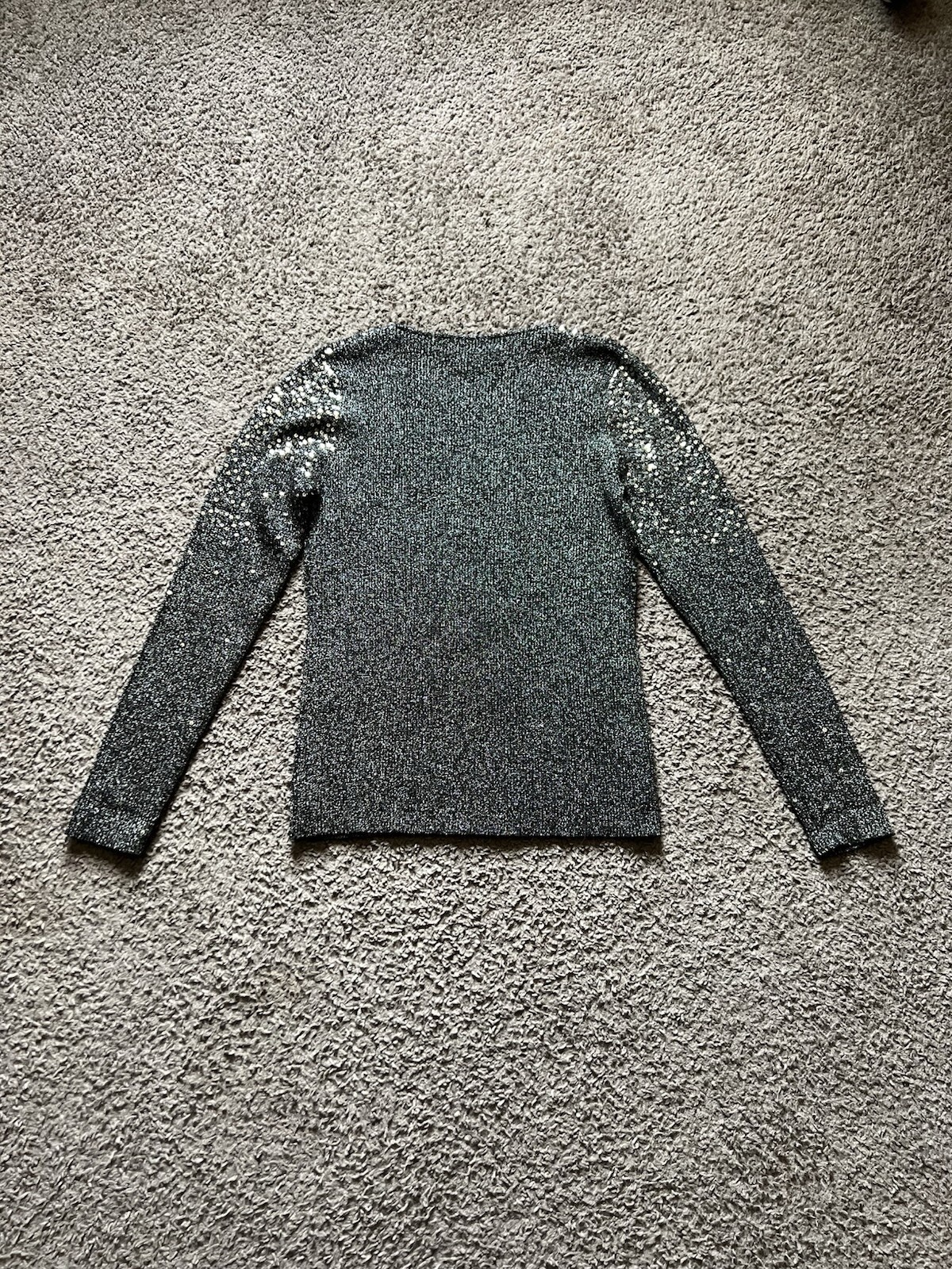 Vintage Y2K 90s Evening Top L Silver Sequin Metallic Knit Long Sleeve Whimsigoth