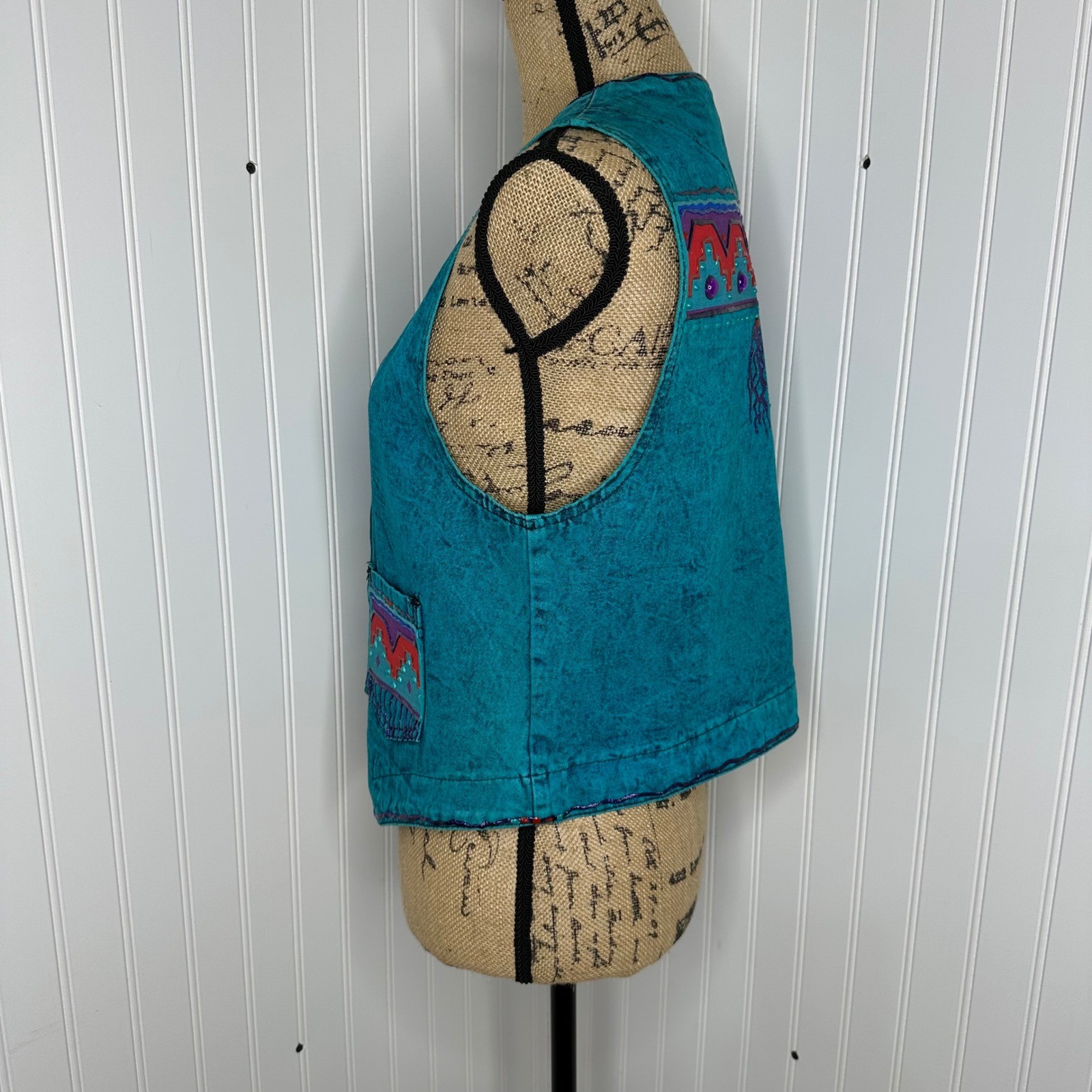 Vtg Turquoise Tyrtle Painted Design Wear Vest Southwestern Acid Wash Festival OS