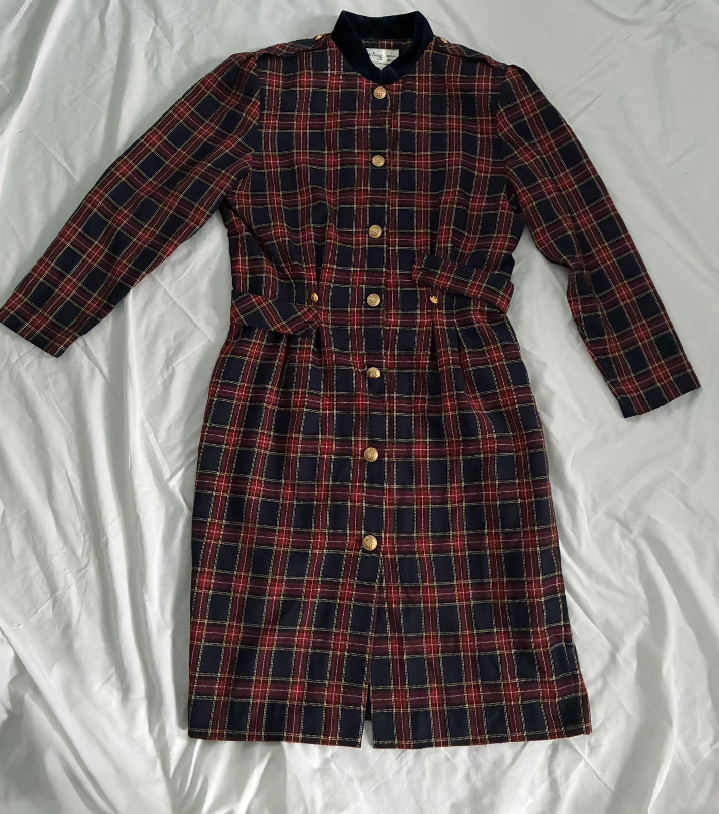 Vintage Laura Plaid 100% Cotton Dress Velvet Collar Gold Buttons USA 80s Sz 14