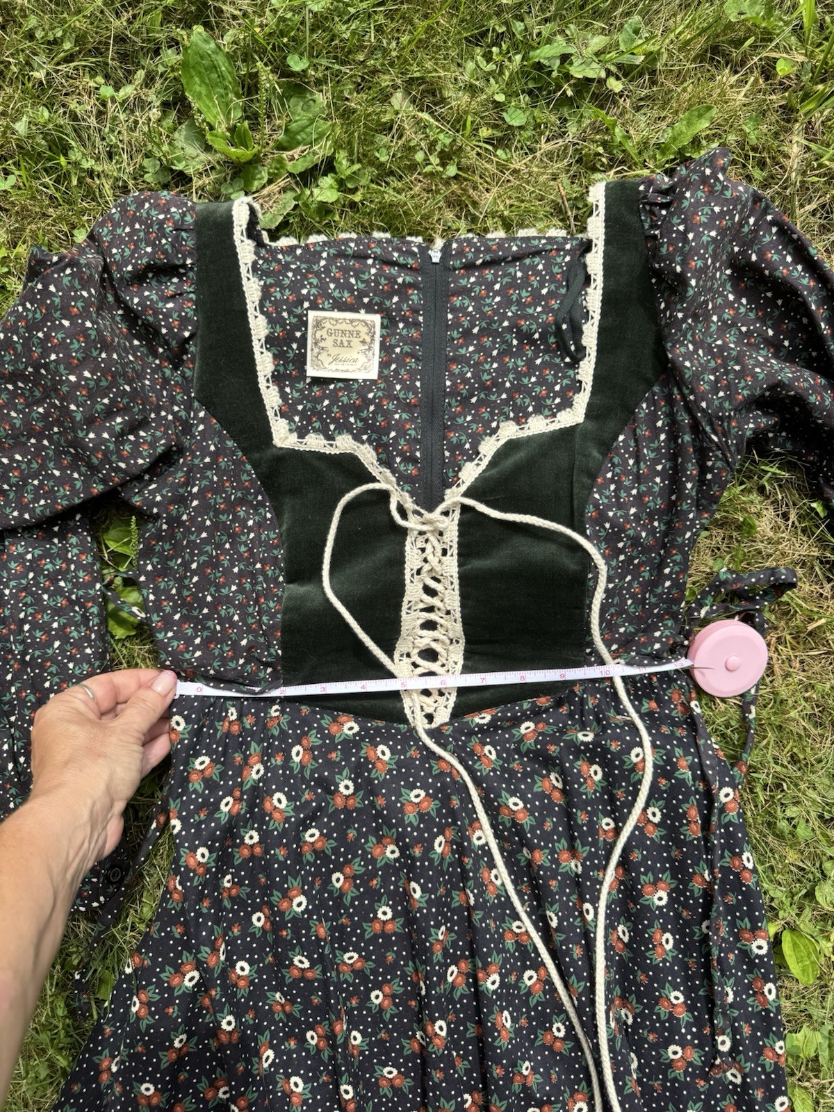 Gunne Sax Gunne Sax green velvet + floral print dress with lace up corset Small