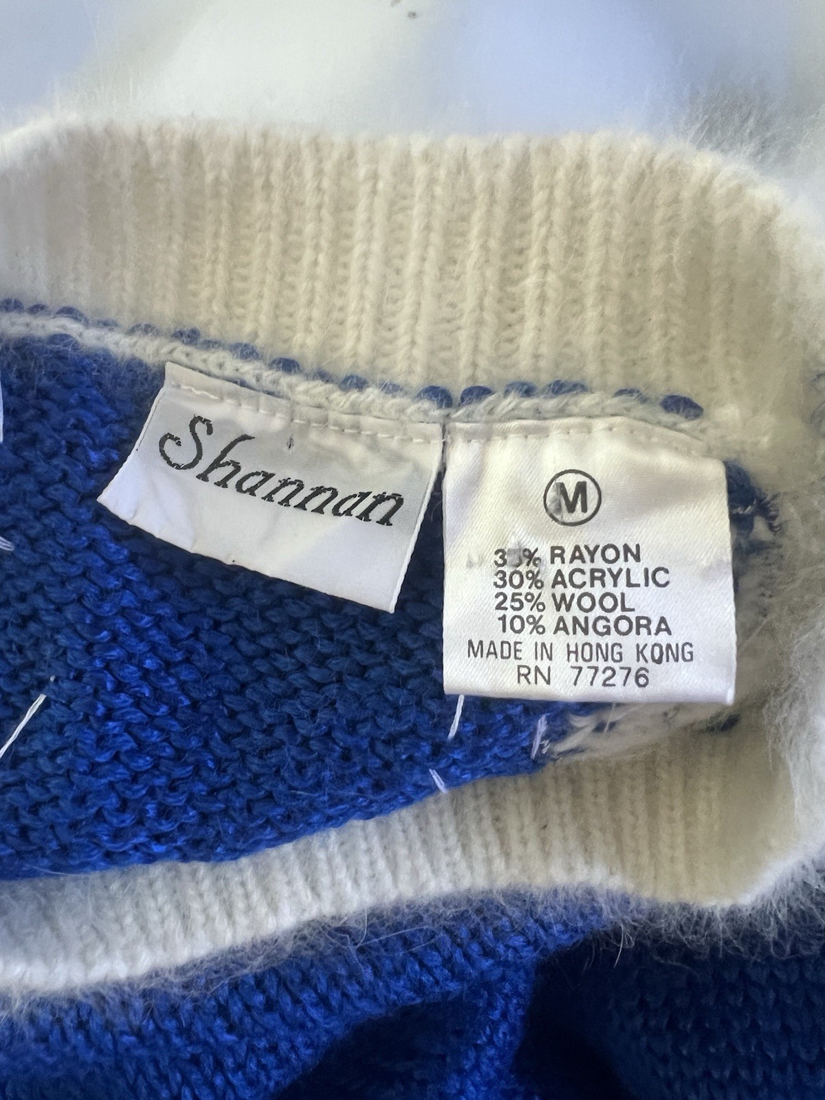 Vtg Glam Sweater Blue White Fuzzy Angora Beads Sz L Shannan