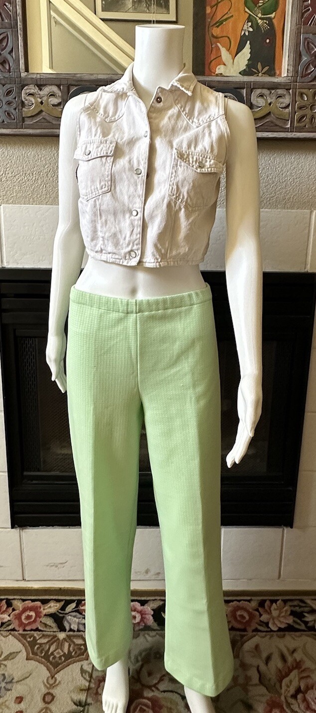 Green Plaid Polyester Pants 31×28 Lightweight Elastic Waist Vtg 70’s
