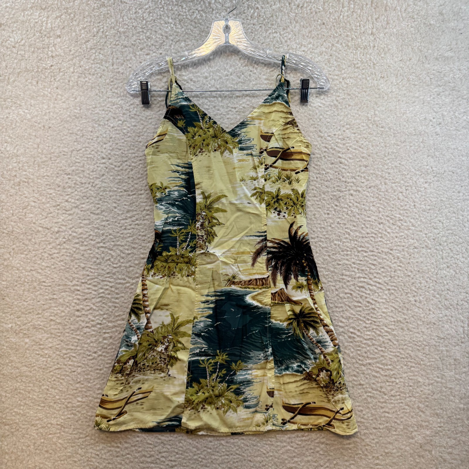 Vintage Hawaiian Mini Dress Small Yellow Palm Trees Tropical Beach Print Pattern
