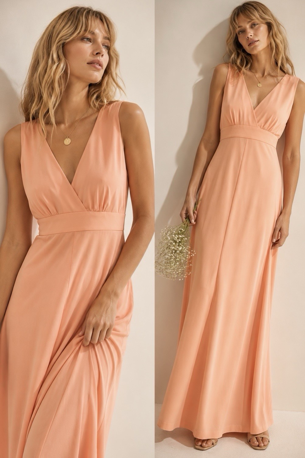 VTG 70s Union Made ILGWU Peach Sleeveless Empire Waist Maxi Dress VTG 14