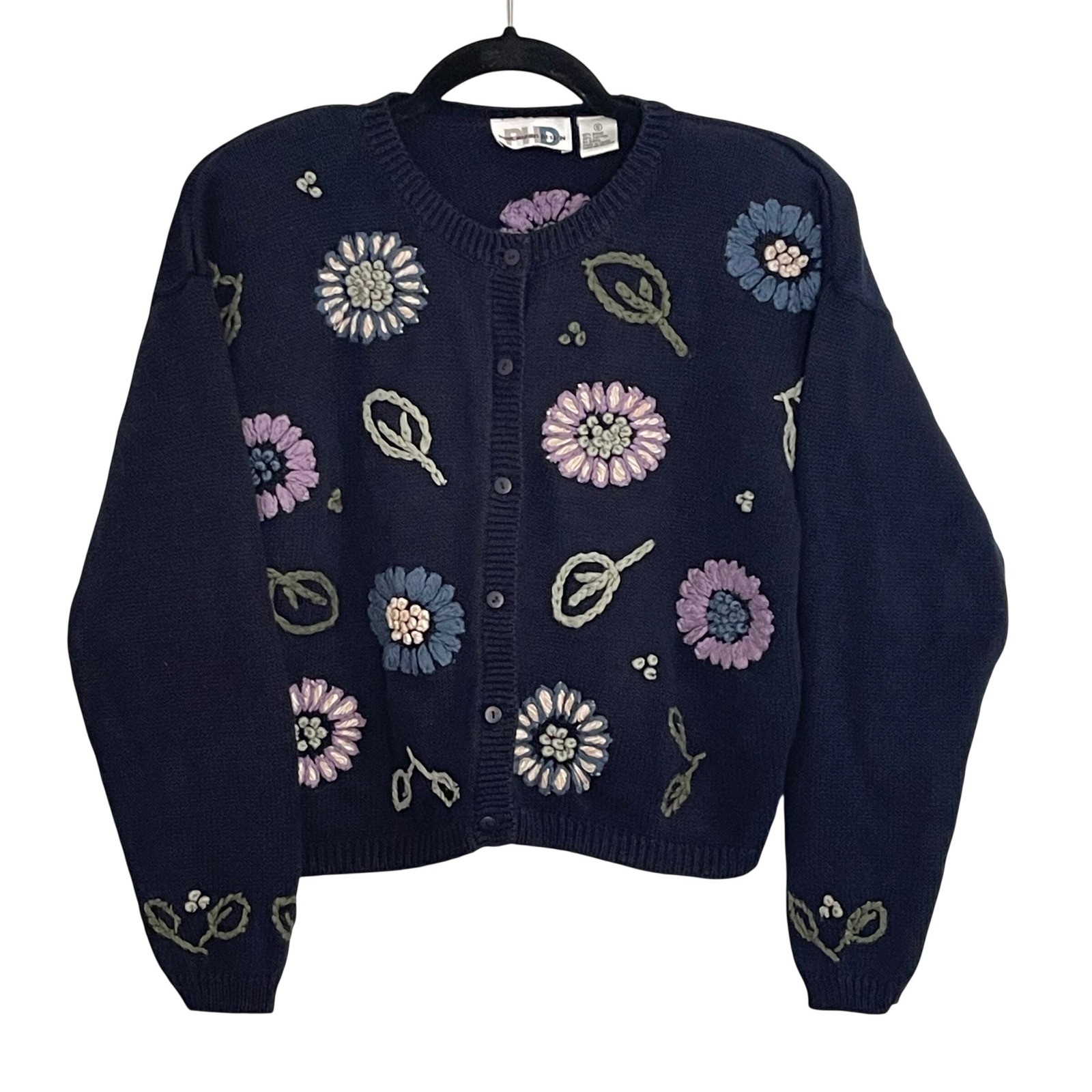 Paul Harris Design Vintage Navy Floral Embroidered Cardigan Sweater Grandma