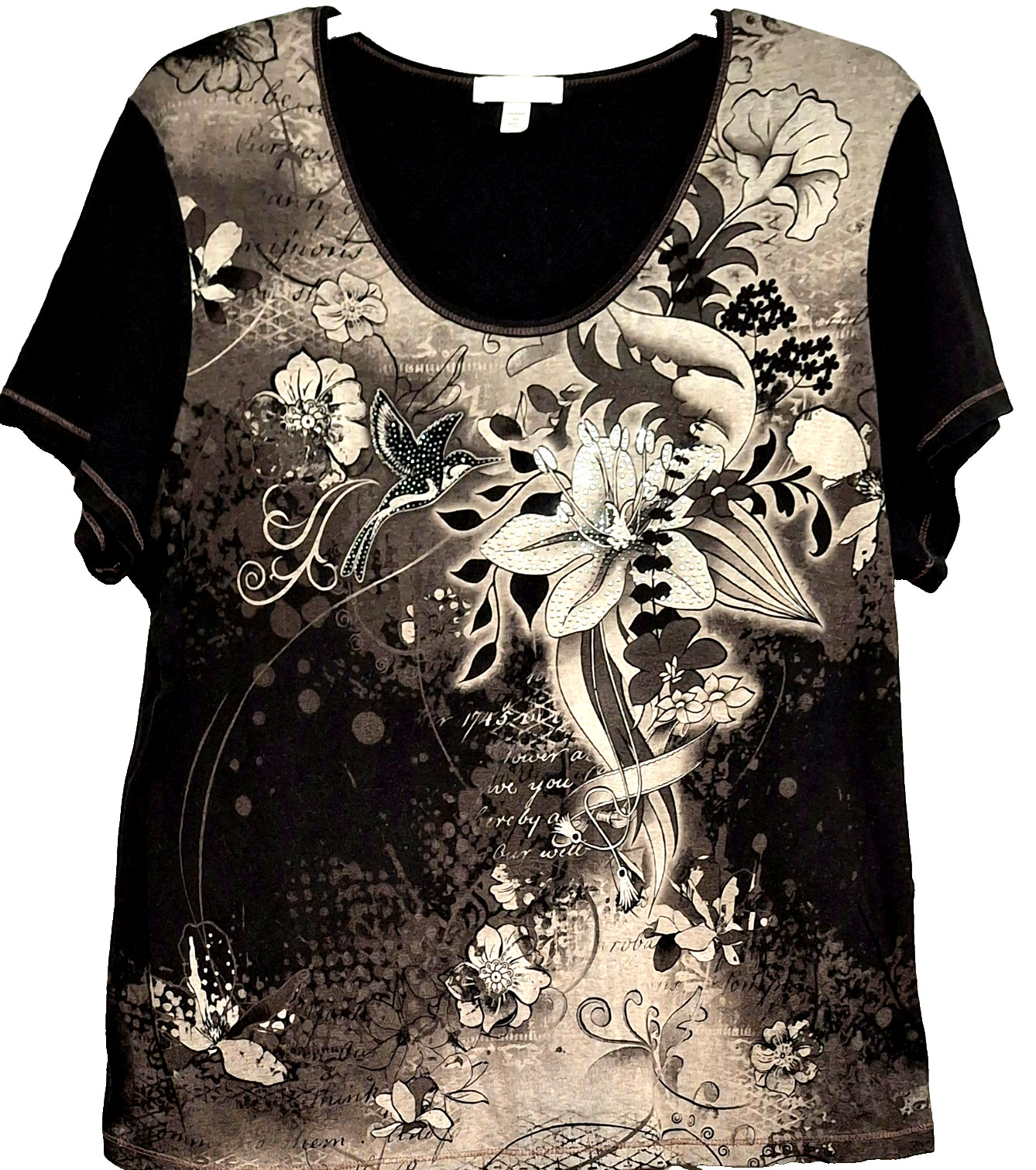 Dress Barn Woman 2X VTG Y2K Bling Floral Shirt Goth Fairy Grunge Tattoo Print