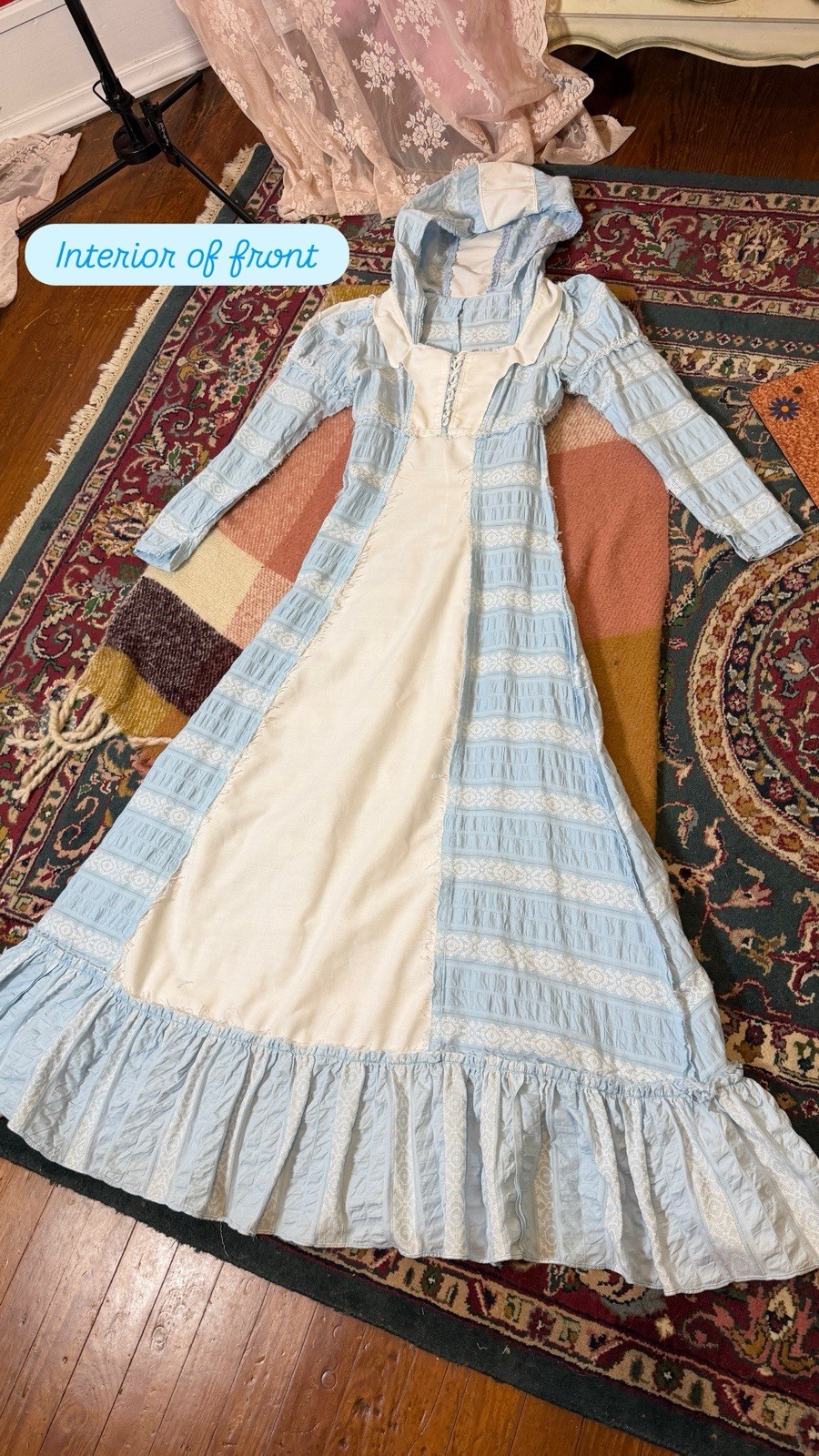 Rare White Label Gunne Sax Blue and White Hood with Blue and Pink Trim, 7