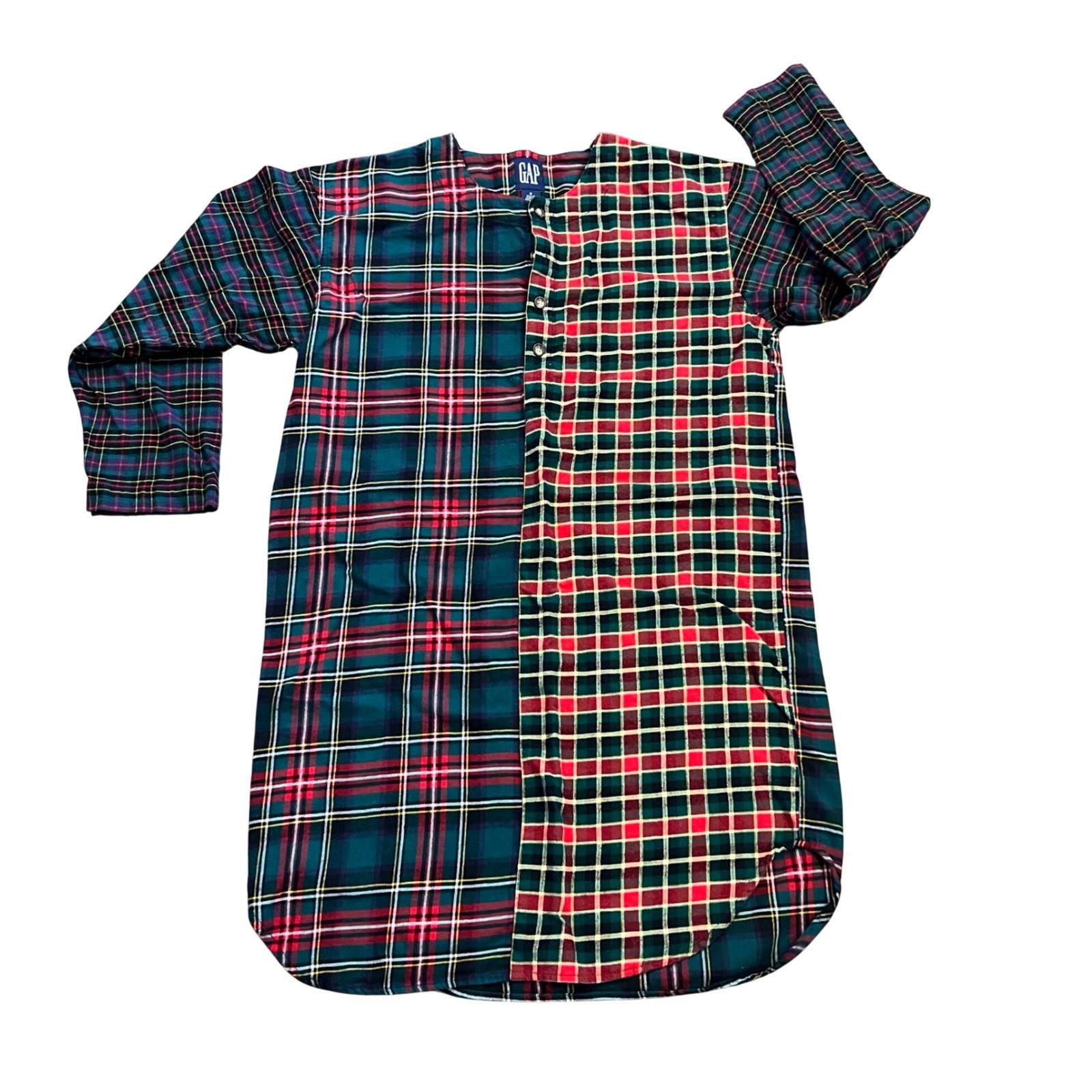 Vintage Gap Mixed Plaid Flannel Tunic Shirt Red Green Patchwork Cotton Medium