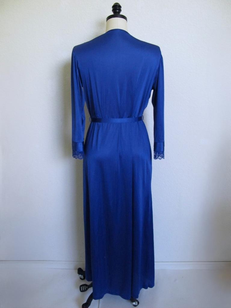 Vintage Gilead Long Silky Nylon Robe w Lace Insertion S Tie Belt Royal Blue