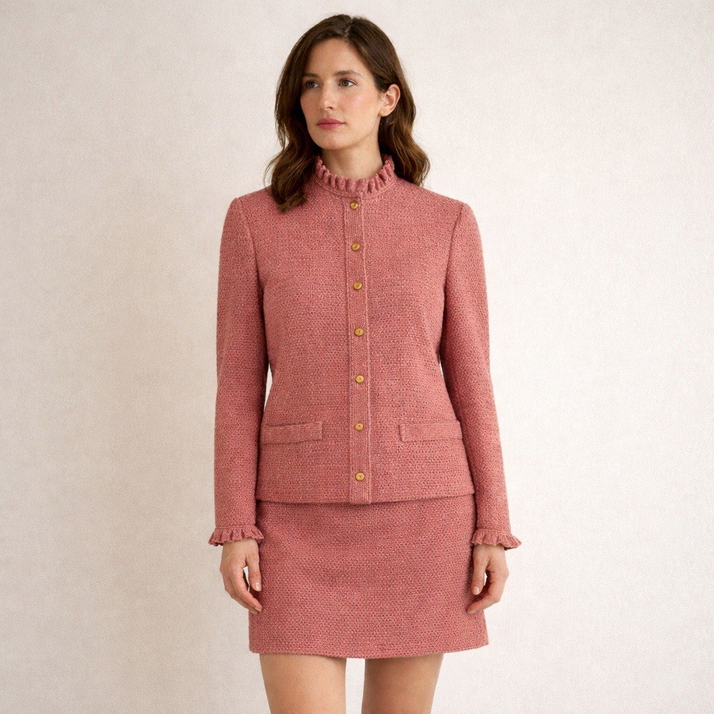 Vintage 70s 80s Castleberry Cardigan Skirt Set Size 8 Pink Knit Ruffle Classy