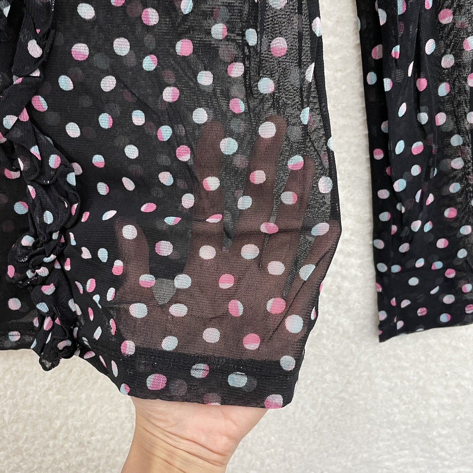 Y2K Vintage Top Button Blouse Medium Black Polka Dot Mesh Sheer Corpcore Office
