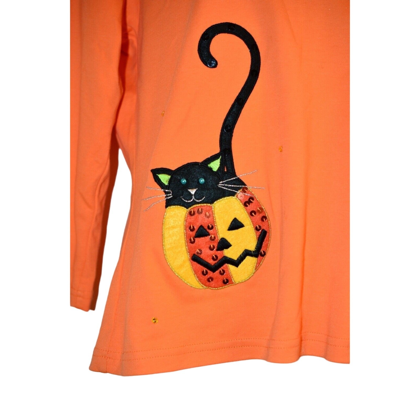 Jack B. Quick M Top Halloween Black Cat Pumpkin Orange Sequin 100% Cotton