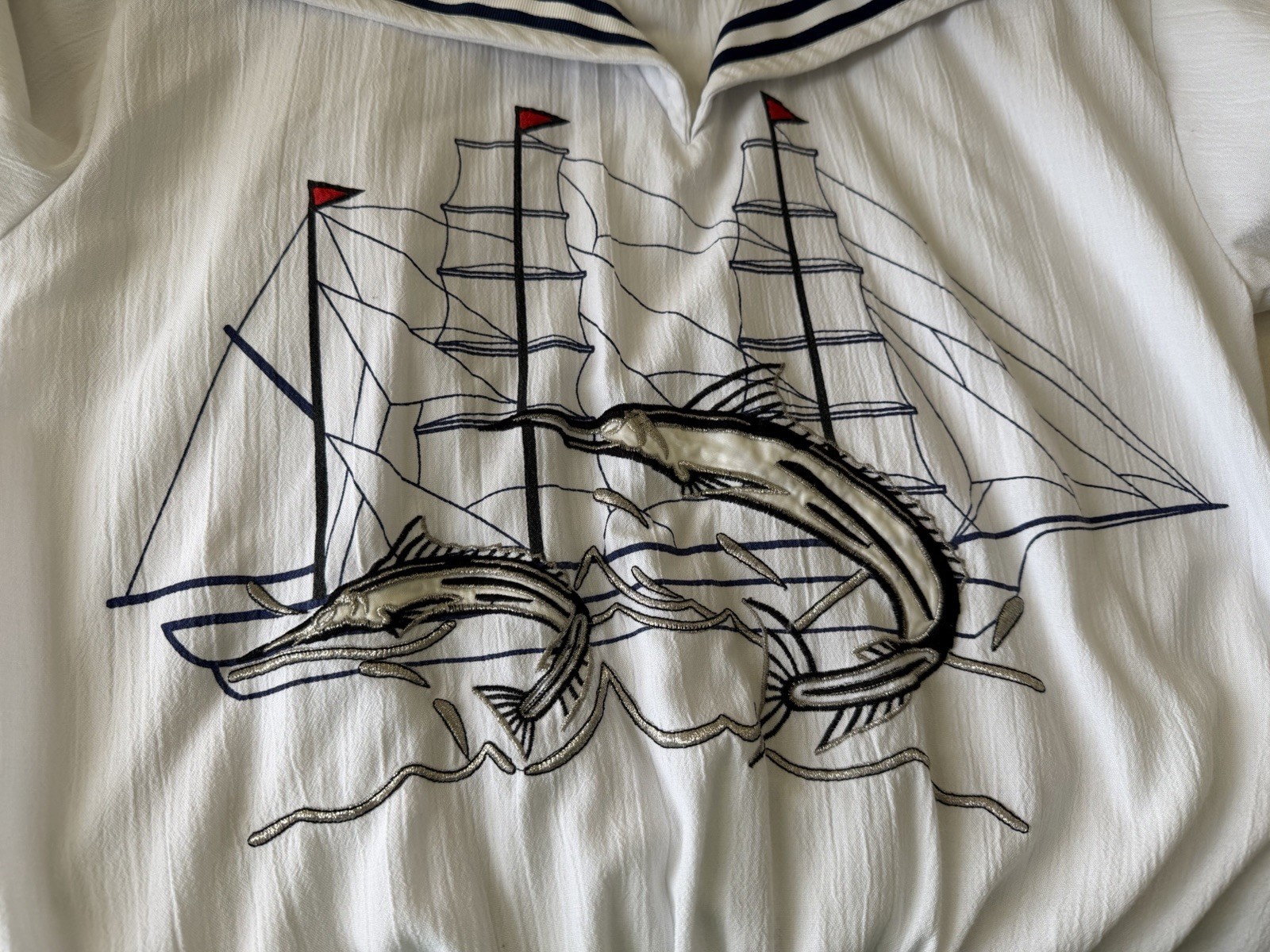 Vintage 80 Embroidered Adolfo Nautical Sailor Sail Boat Swordfish Marlin Top L