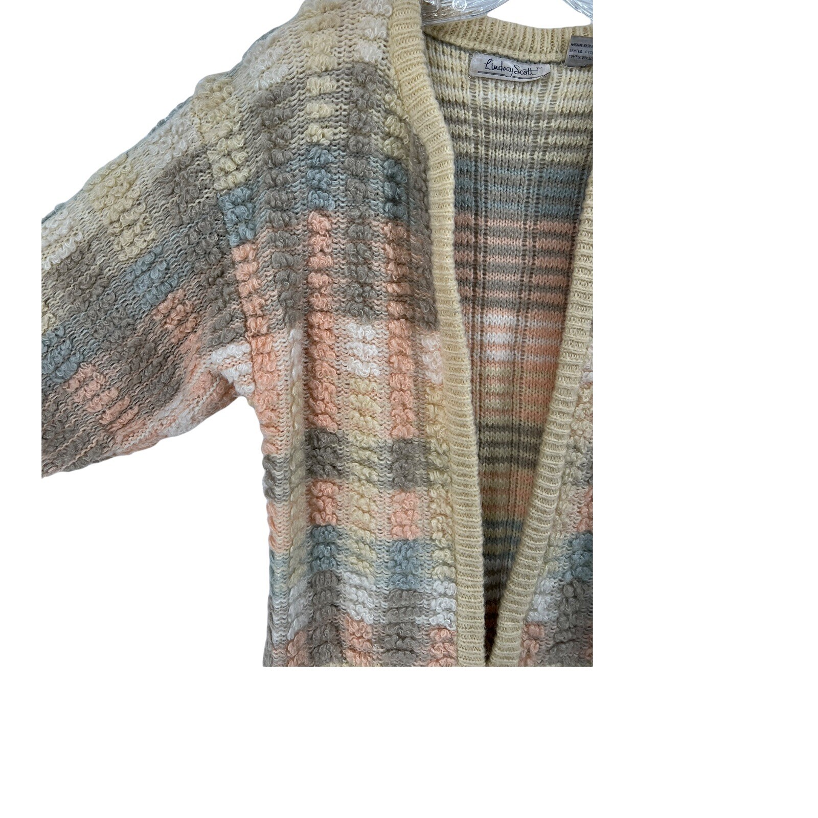 Vtg 80s Muted Pastel Chunky Popcorn Knit Oversized Cardigan Sweater SZ S