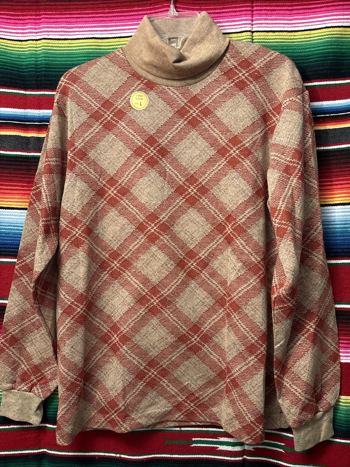 Vintage 70’s Cotton Blend Plaid Turtle Neck Sweater size L N.O.S Unisex