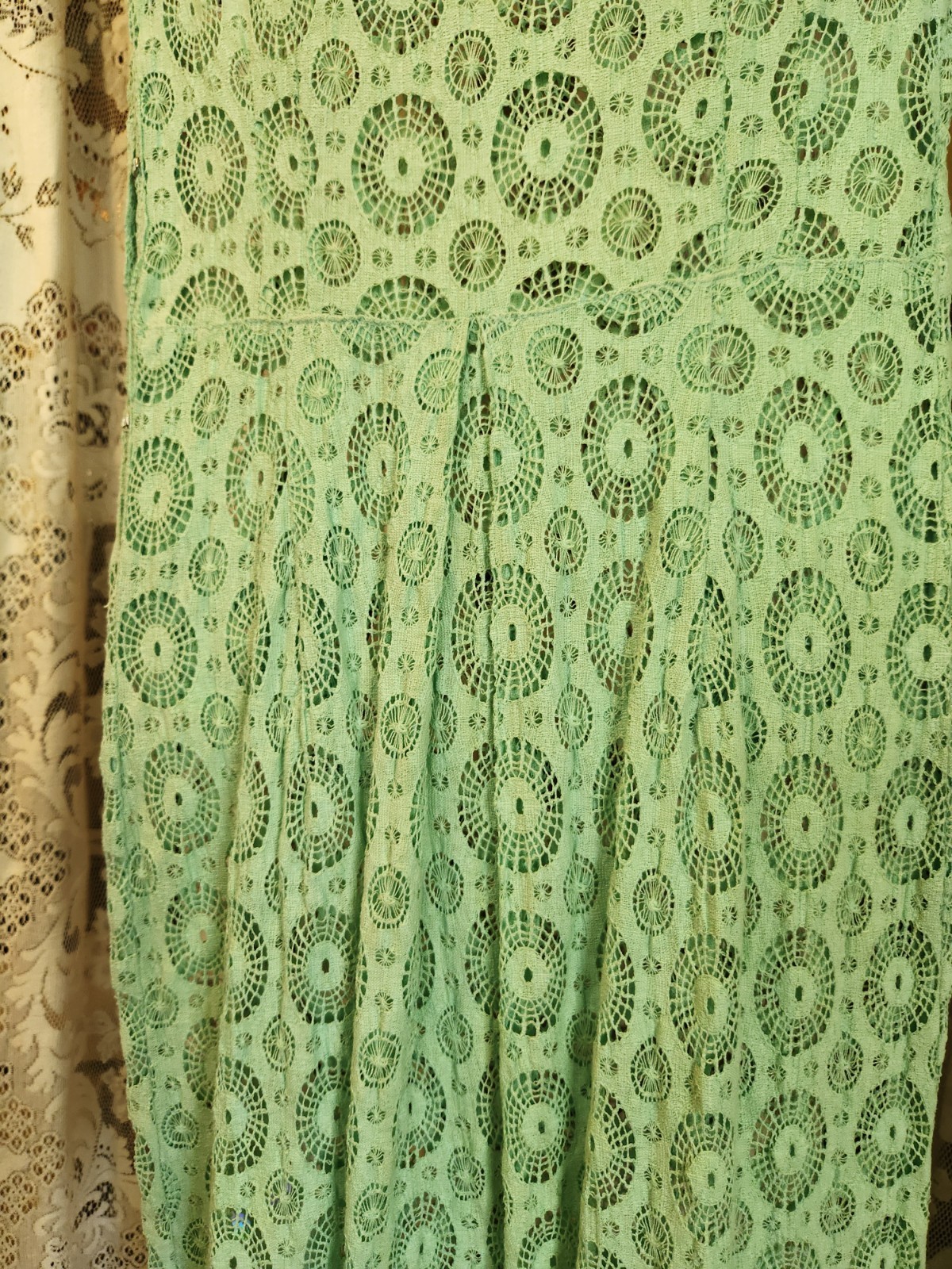 1930s Aqua Cotton Crochet Lace Dress with Cap Sleeves and Pockets XS