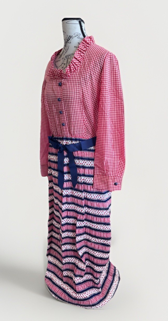 Vintage 70’s Caron Gingham Checkered Ruffle Trim Belt Prairie Boho Cottage Dress