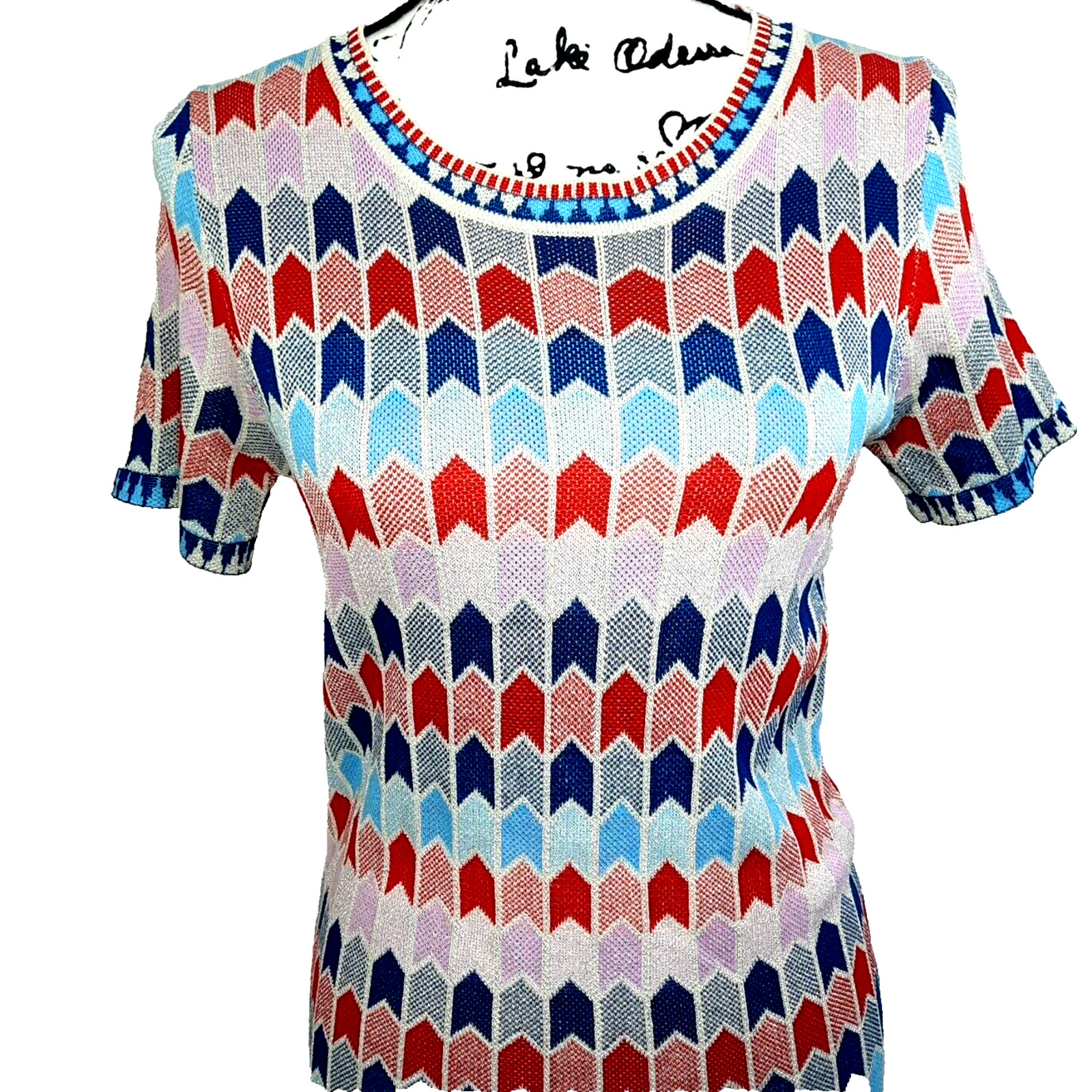 Vintage 60s MOD Geometric Silver Metallic Knit Dress Medium Red Pink Blue Retro