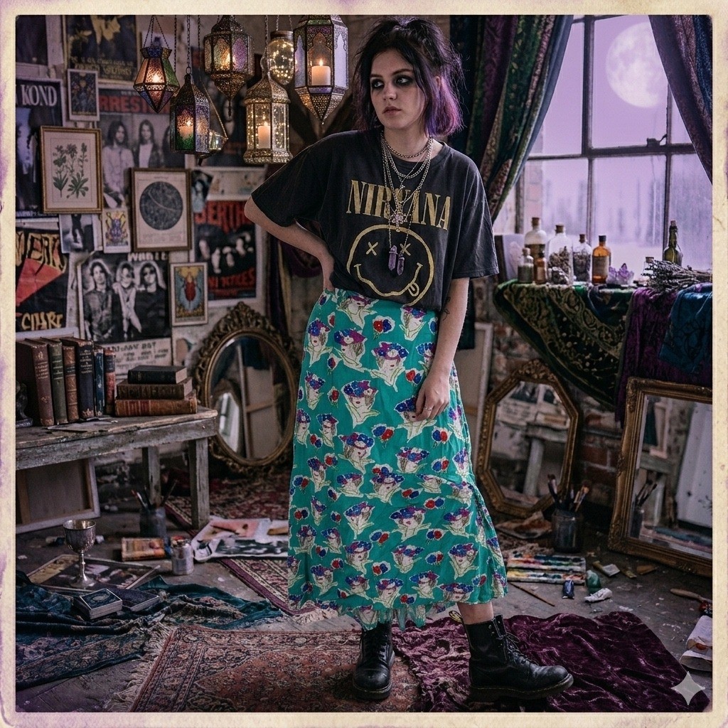K & Company Vintage Teal Rayon Novelty Print Women Floral Hat Midi Skirt M