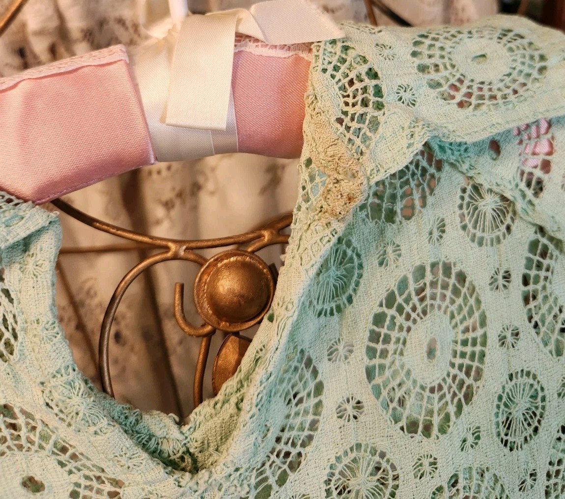 1930s Aqua Cotton Crochet Lace Dress with Cap Sleeves and Pockets XS