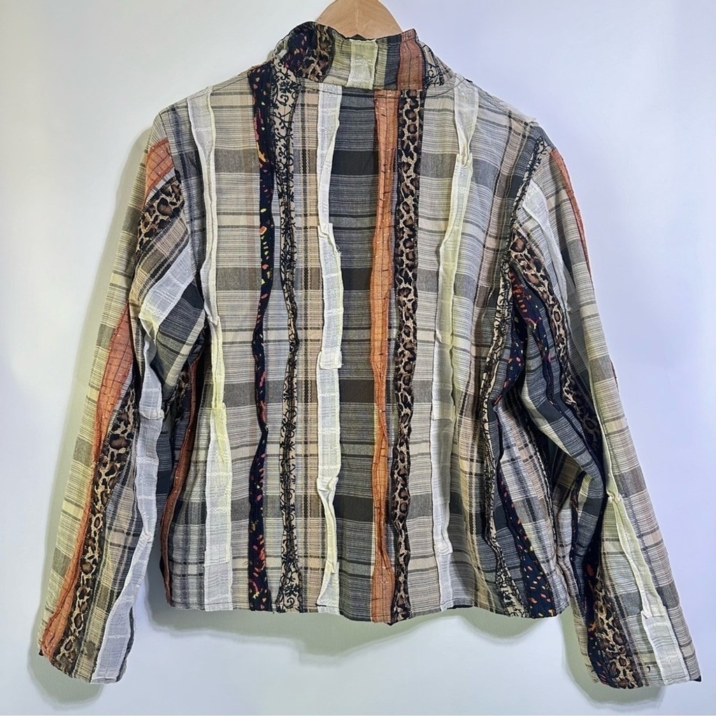 Vintage Anu by Natural art plaid leopard black tan patchwork open front jacket
