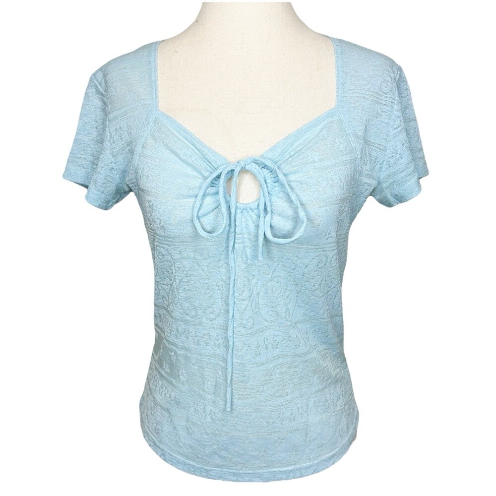 Vintage Y2K Baby Blue Metallic Tie Neckline Top Size Medium