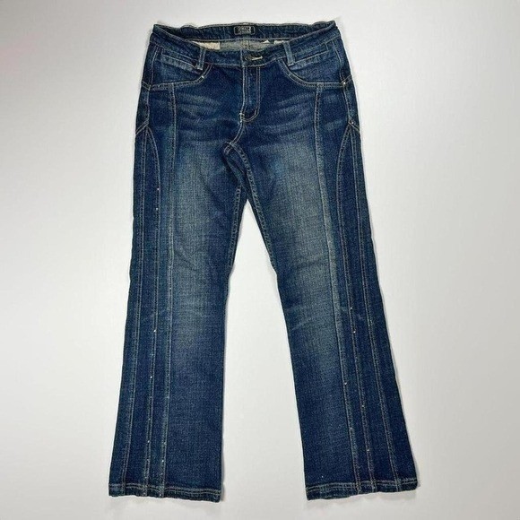 Vintage Y2K Flared Crest Jeans with Rhinestone and Side Seam Embellishments