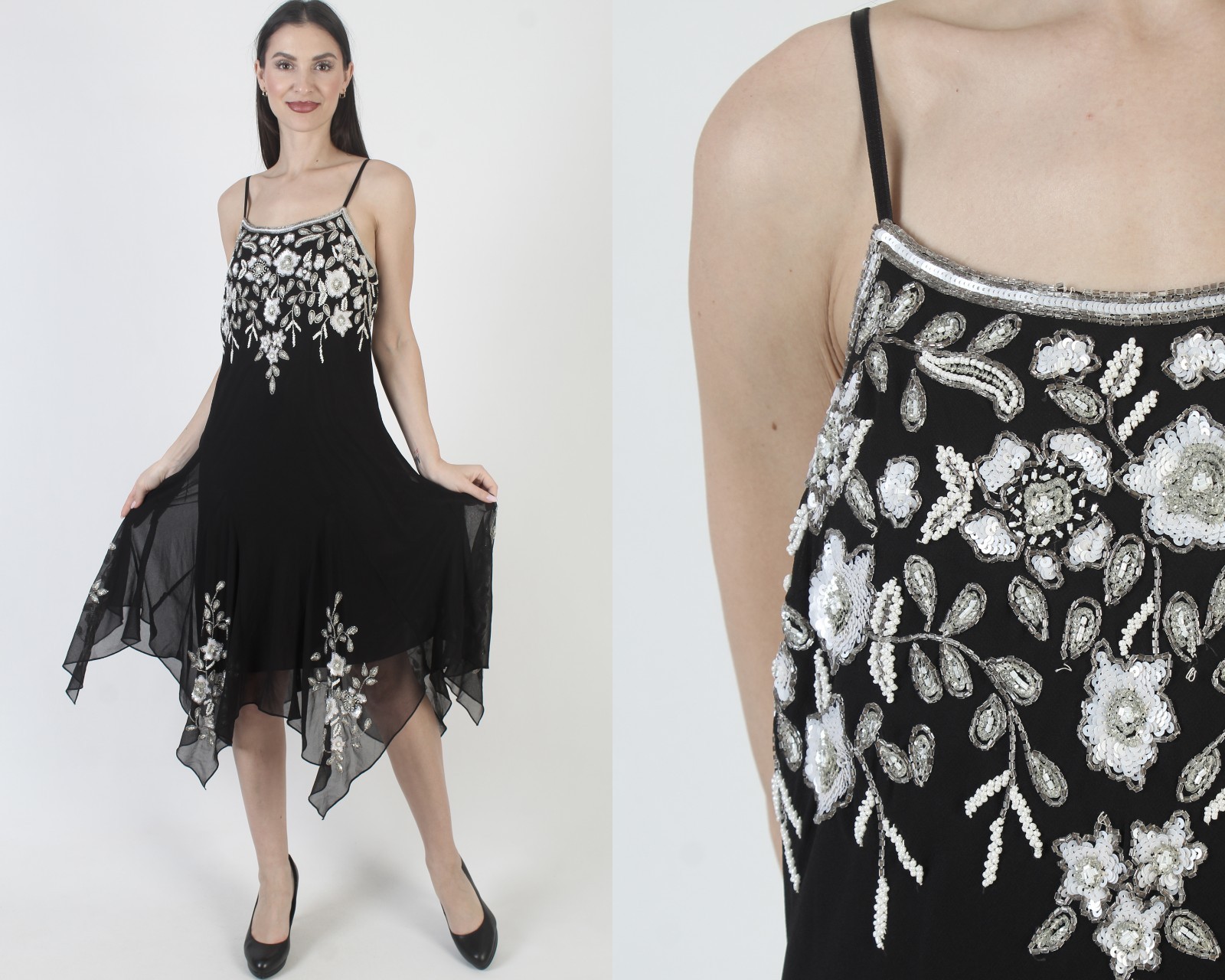 Vintage Black Asymmetrical Dress Beaded Sequin Y2K Hi Low Hem Evening Prom Gown
