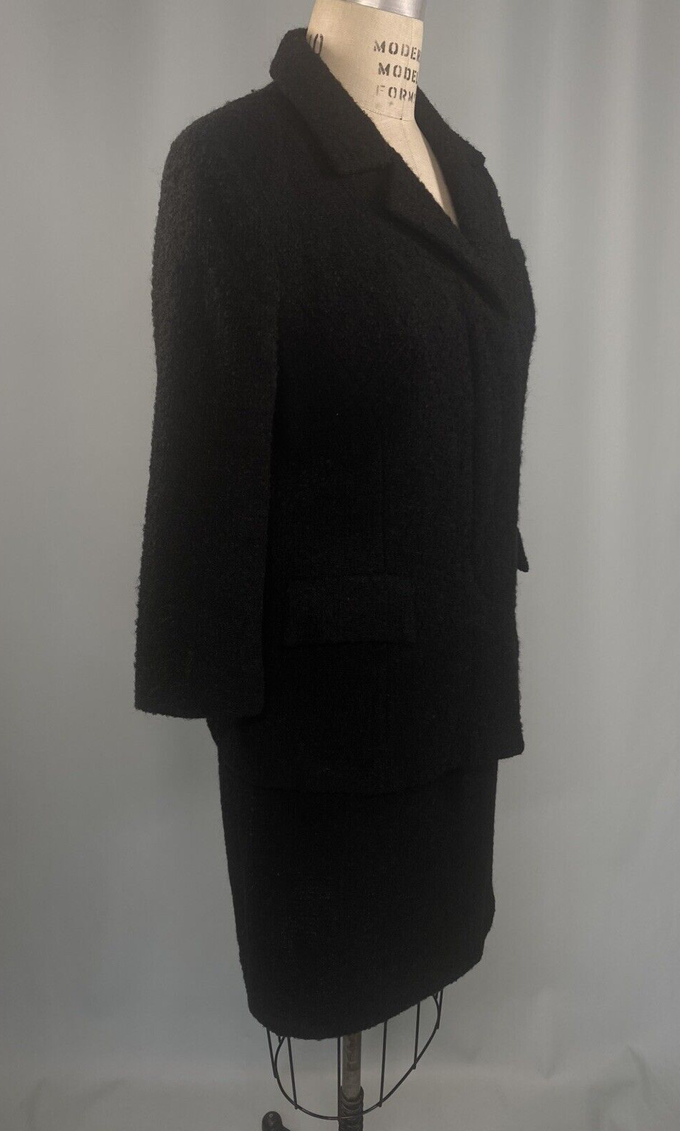 Vintage Boucle Wool suit SIZE SMALL black MYRON LOUIS BOSTON 60s retro pencil