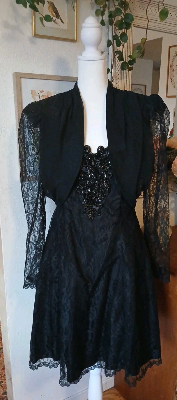 Vintage 80’s XS/S Mademoiselle Black Lace Mini Cocktail Prom Dress With Jacket