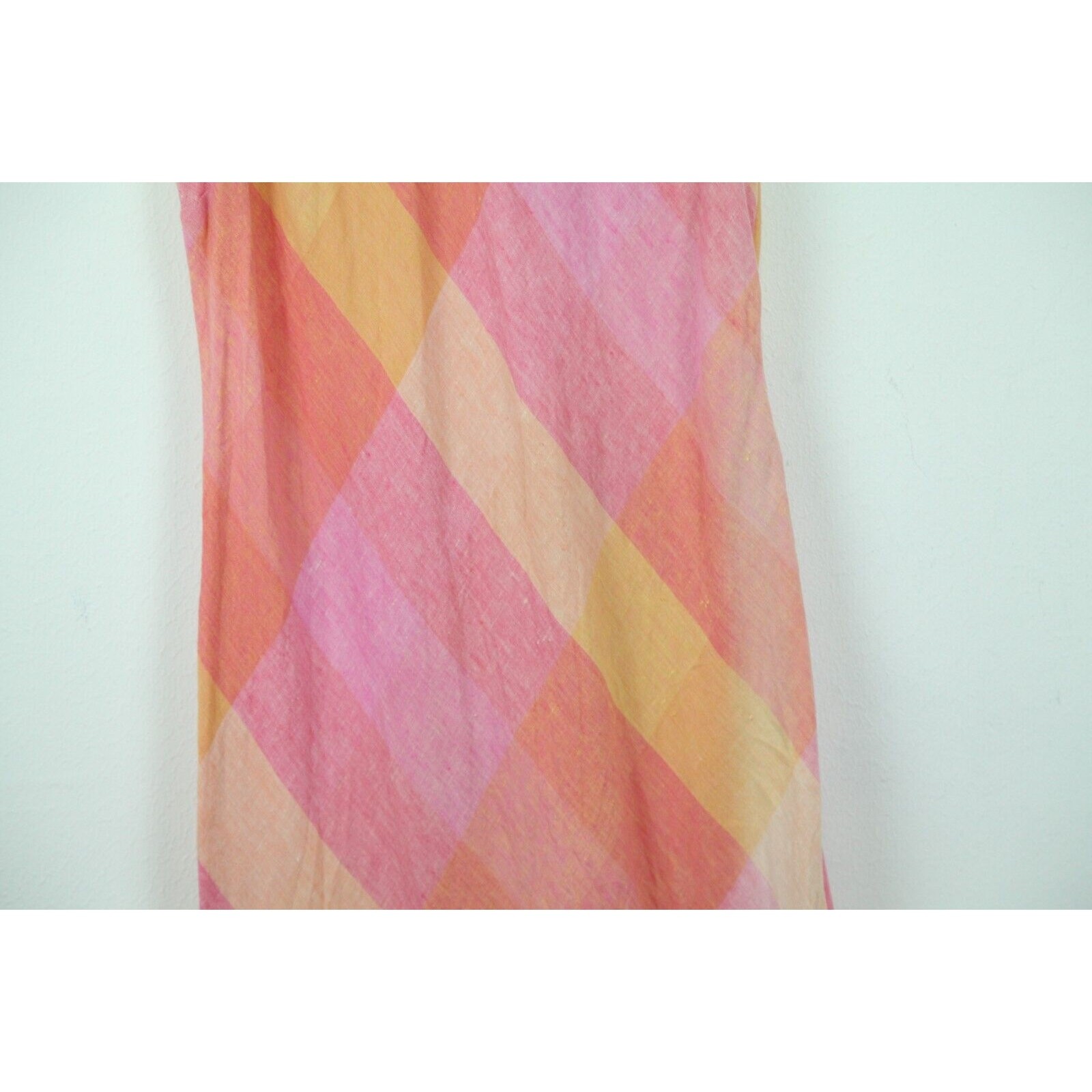 Vintage 90s Linen Maxi Dress Pastel Pink Plaid Country Club Preppy Bias 16 FLAW