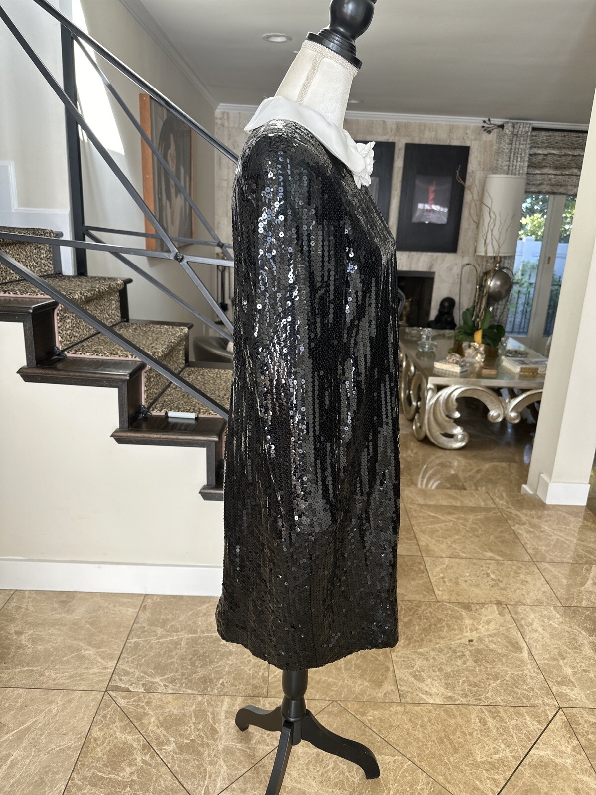 Jill Richards Chic 80s Black Sequined Sheath Dress White Collar & Rose 14 M