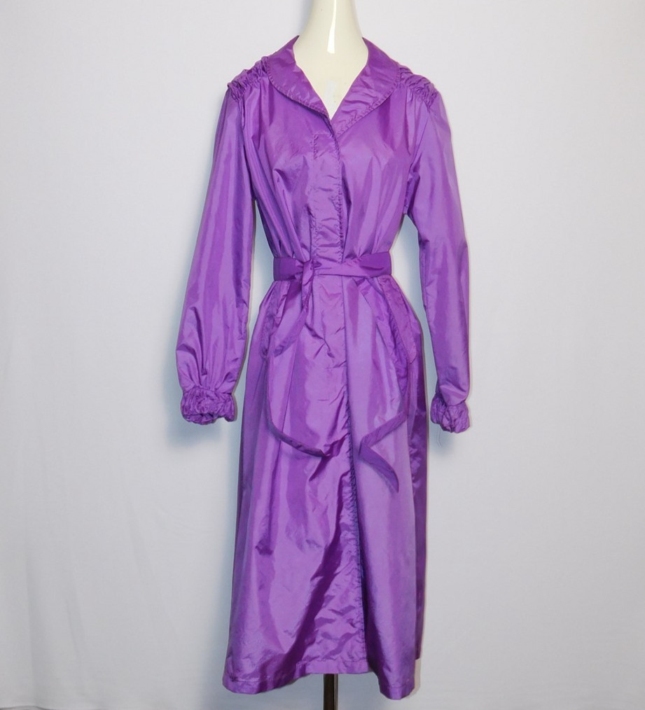 Vintage Women’s 1970s Aqua Sheen Nylon Windbreaker Purple Trench Rain Coat