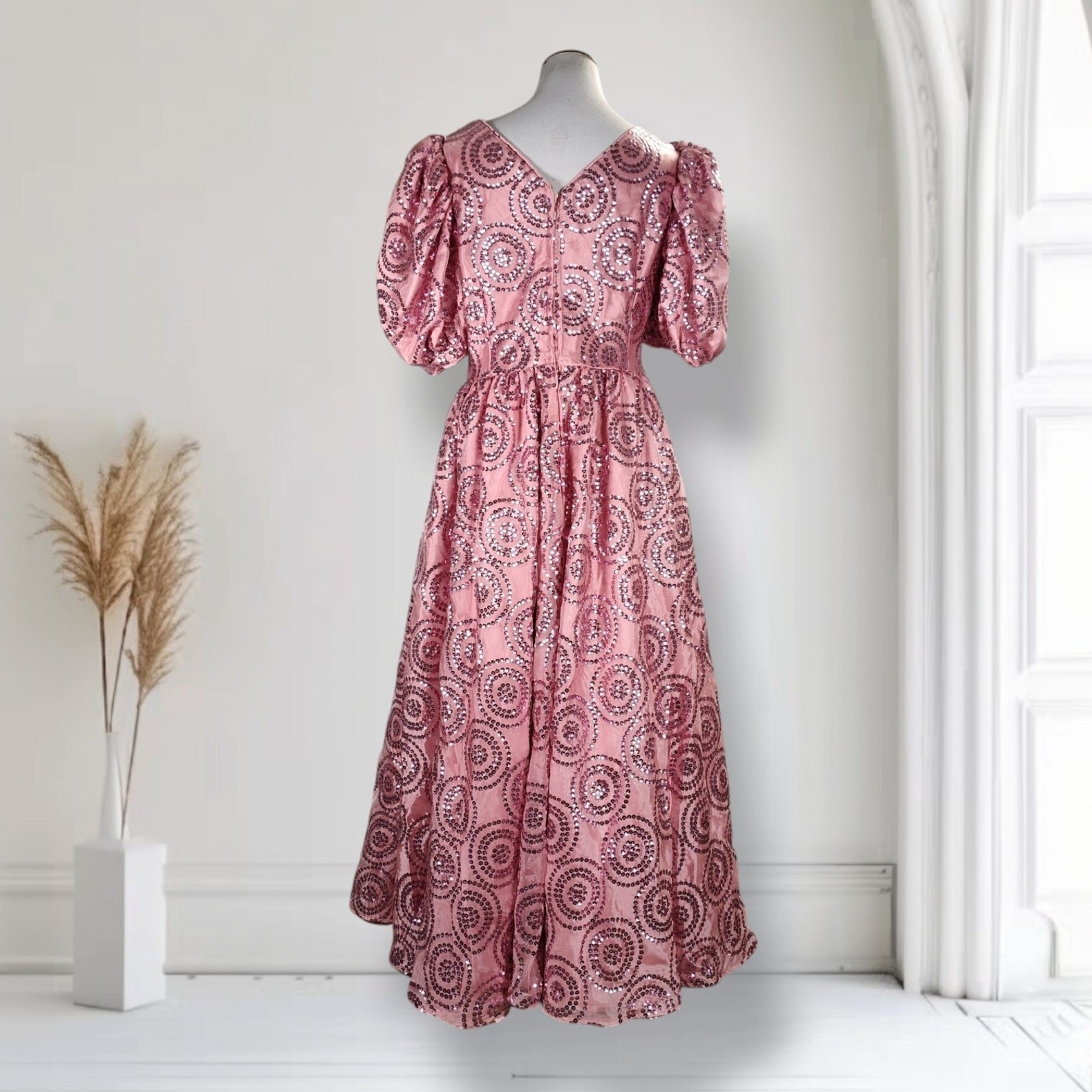 Vintage 80s Pink Sequin Formal Dress Size 12 Puff Sleeve Basque Waist