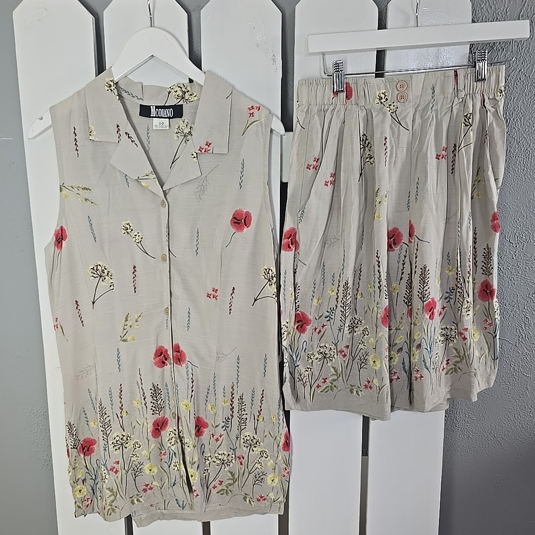 Modiano Floral Vest Shirt and Short Set Medium 10 Brown VTG Cottage Resort 90s